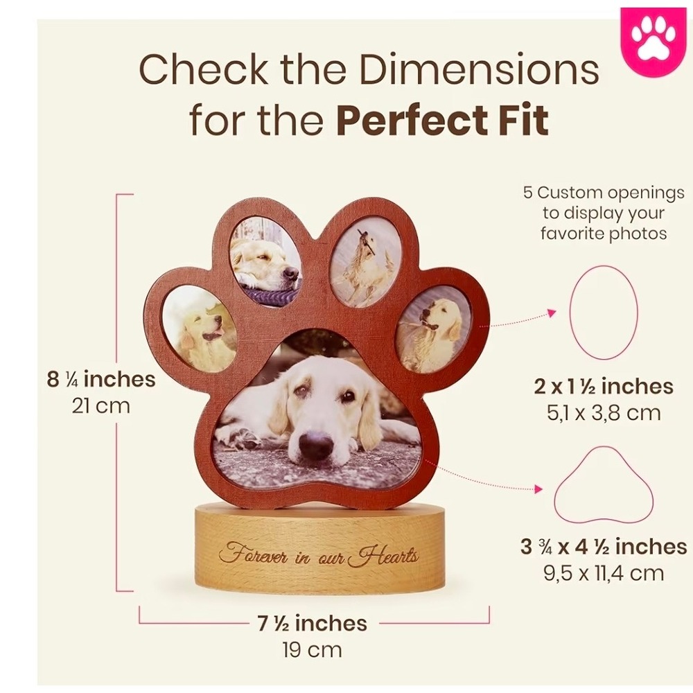 VividArt Paw Print Pet Memorial Photo Frame Mahogany Birchwood Forever in Hearts